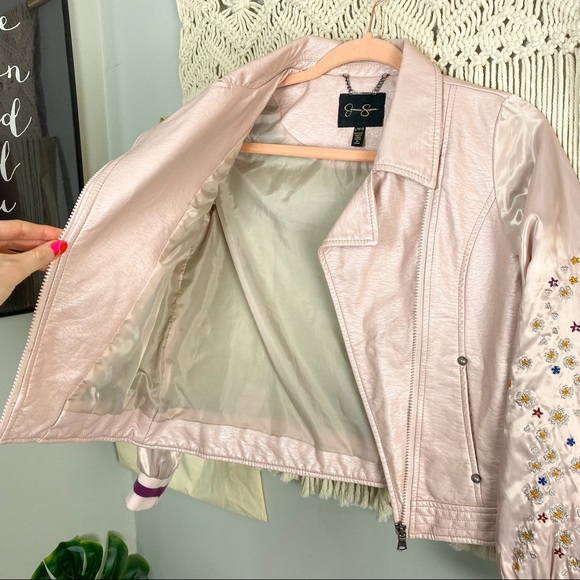 Jessica Simpson Faux Leather Satin Embroidered Sleeve Light Pink Floral Jacket L - Picture 5 of 11